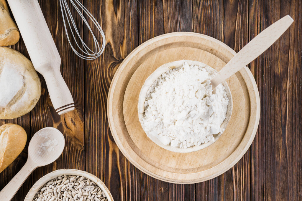 Bowl White Flour Wooden Plate Table